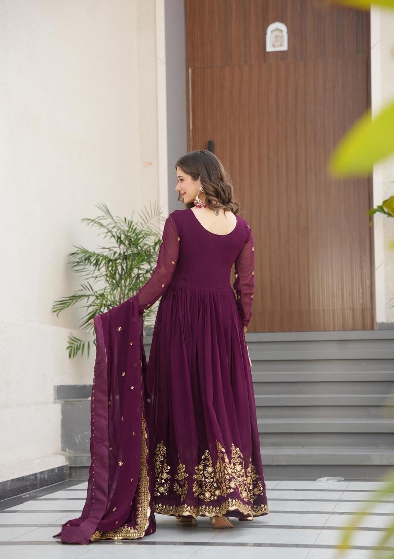 Purple Zari Work Georgette Anarkali With Dupatta - Indya