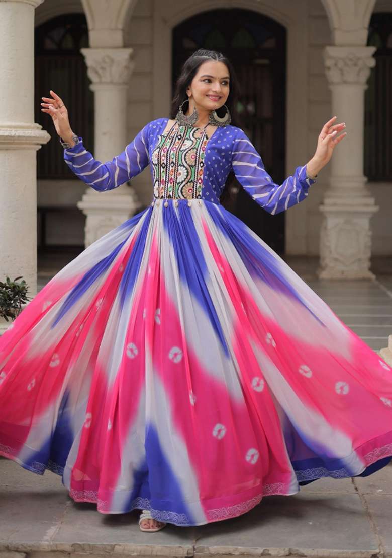 Blue Bandhej Georgette Anarkali - Indya