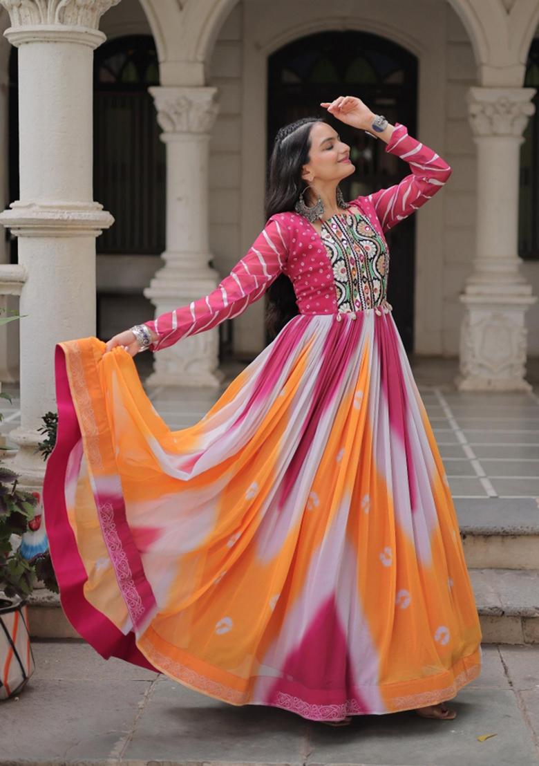 Pink Bandhej Georgette Anarkali - Indya