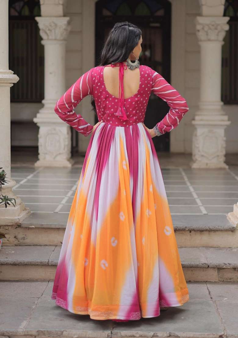 Pink Bandhej Georgette Anarkali - Indya