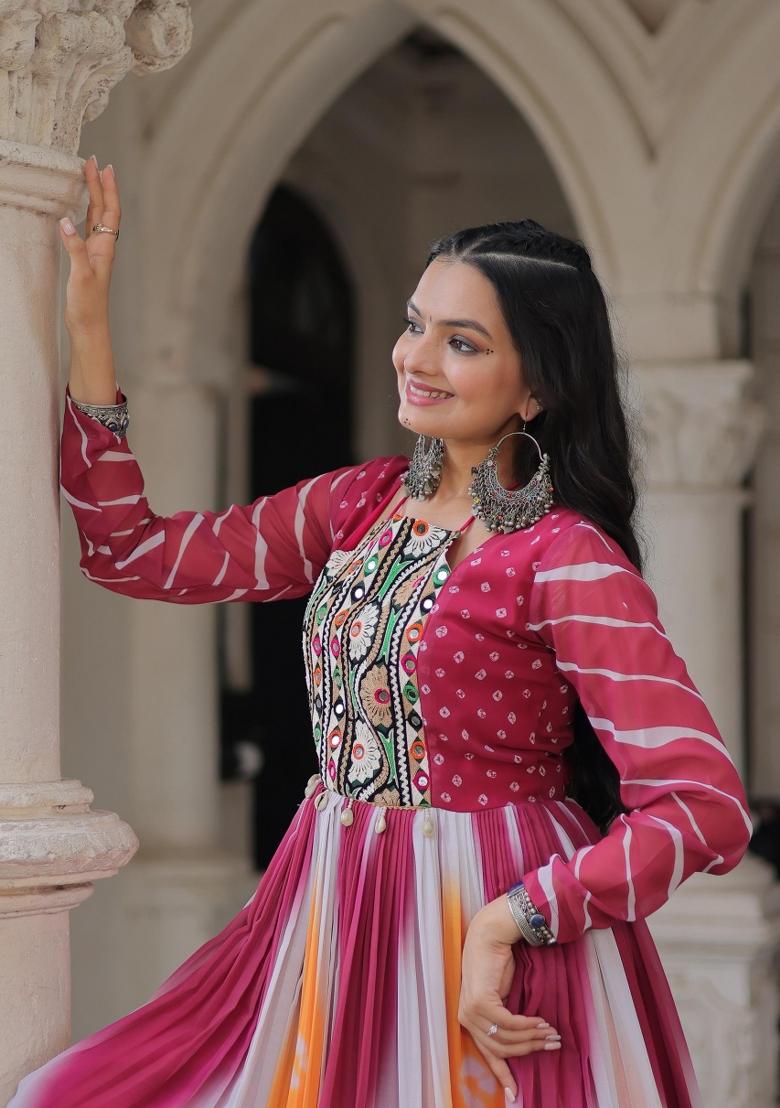 Pink Bandhej Georgette Anarkali - Indya