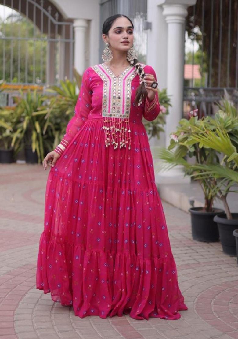 Rani Pink Lehariya Georgette Anarkali - Indya