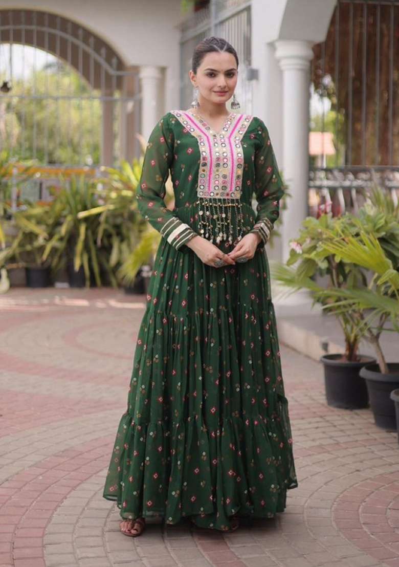 Dark Green Lehariya Georgette Anarkali - Indya