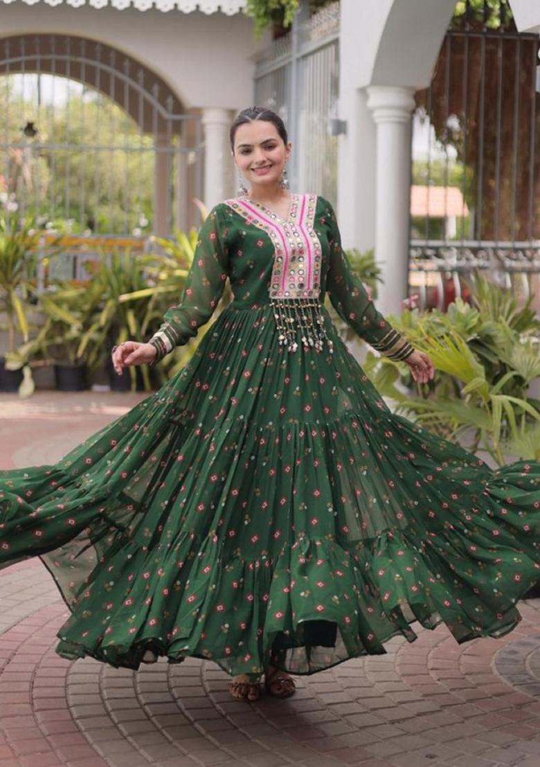 Dark Green Lehariya Georgette Anarkali - Indya
