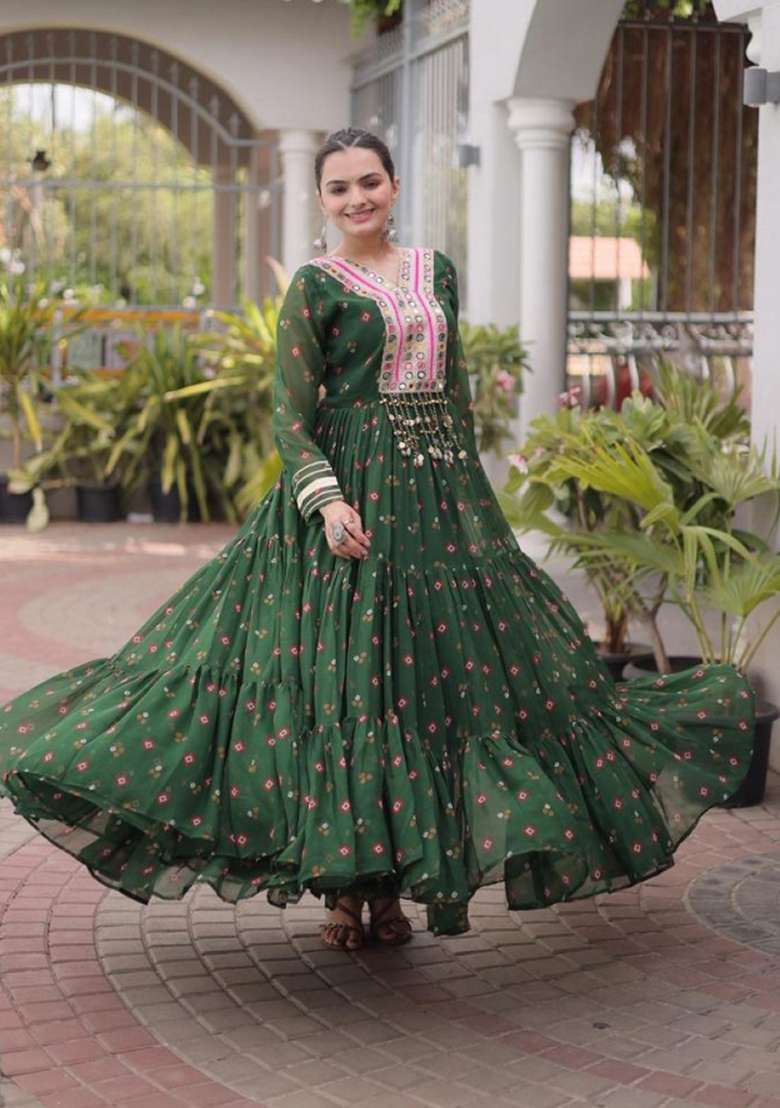 Dark Green Lehariya Georgette Anarkali - Indya