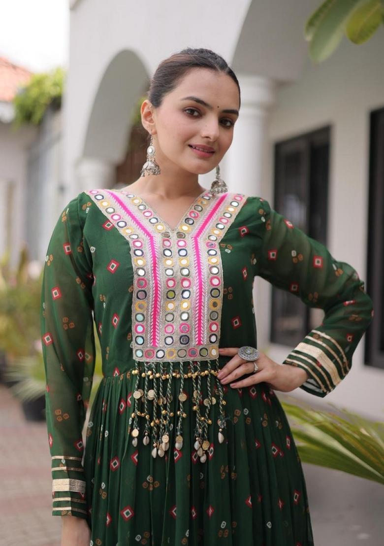 Dark Green Lehariya Georgette Anarkali - Indya