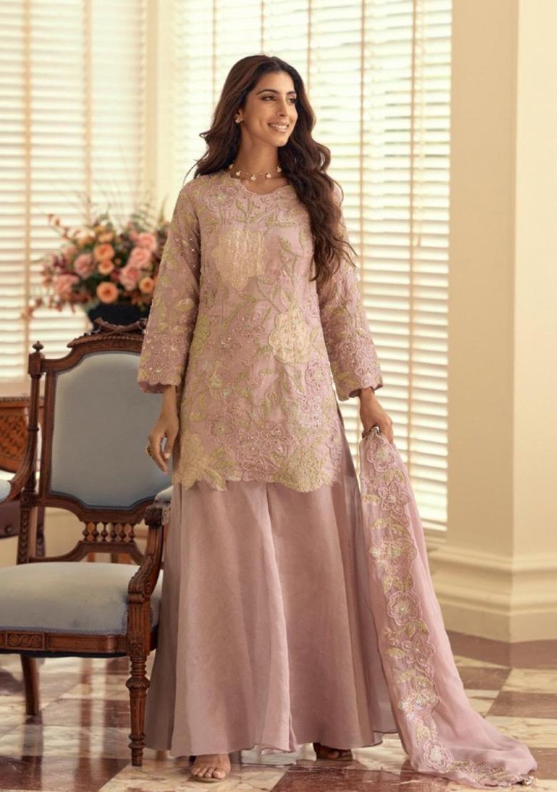 Purple Embroidered Silk Kurta Set - Indya