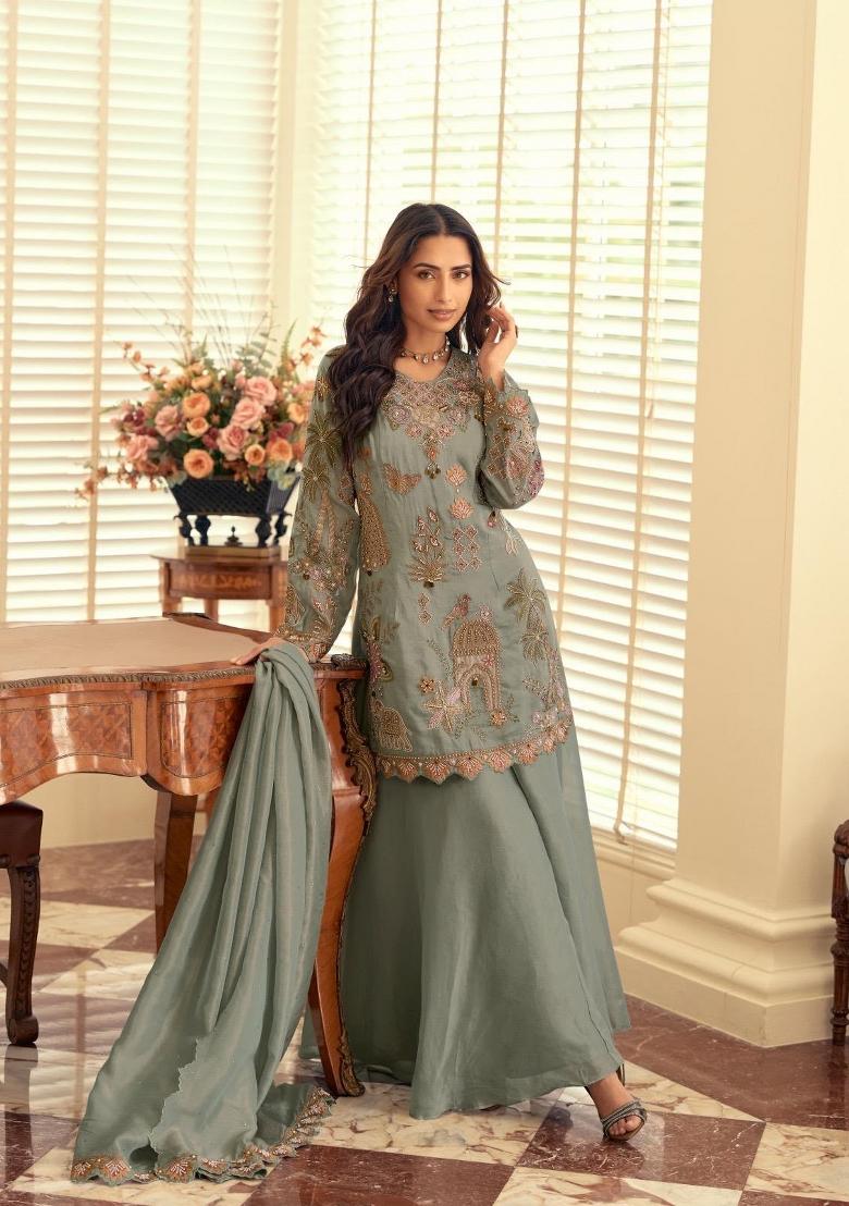 Blue Embroidered Silk Kurta Set - Indya