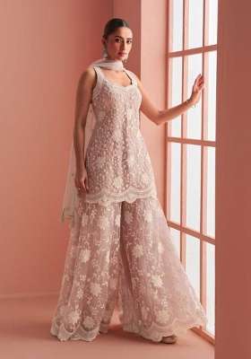 Peach Embroidered Net Kurta Set