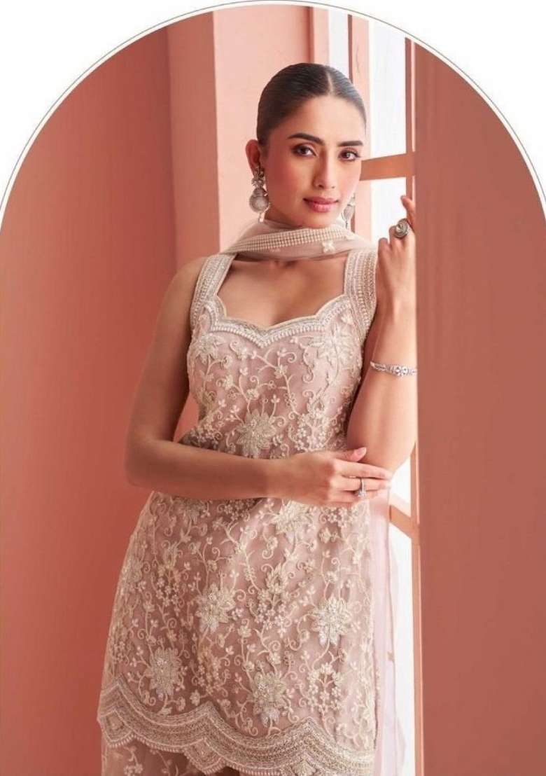 Peach Embroidered Net Kurta Set - Indya