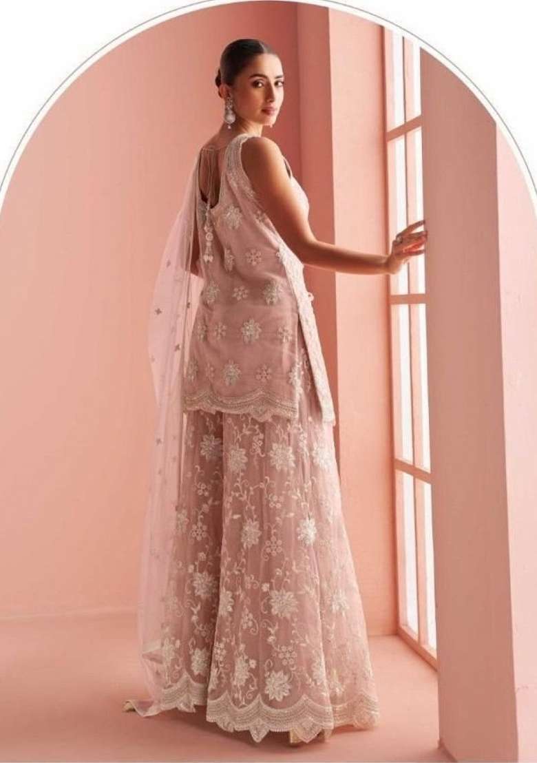 Peach Embroidered Net Kurta Set - Indya