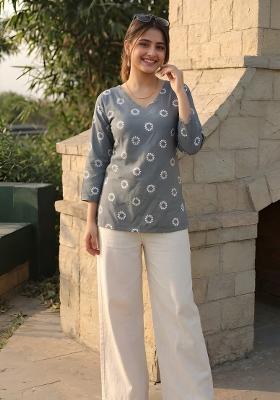 Grey Printed Cotton Kurta