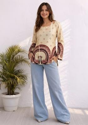 Off White Printed Cotton Kurta
