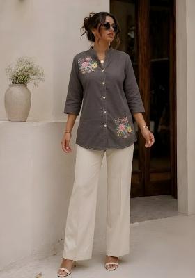 Grey Floral Print Cotton Kurta