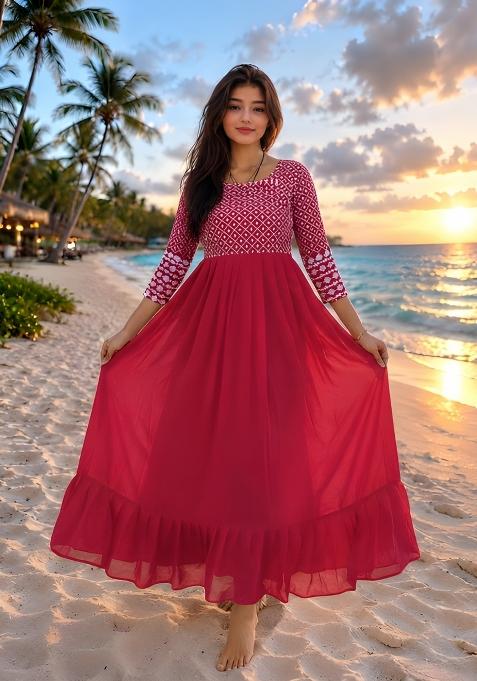 Pink Embroidered Georgette Kurta