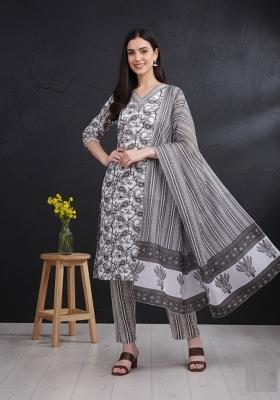 Grey Printed Cotton Kurta Set