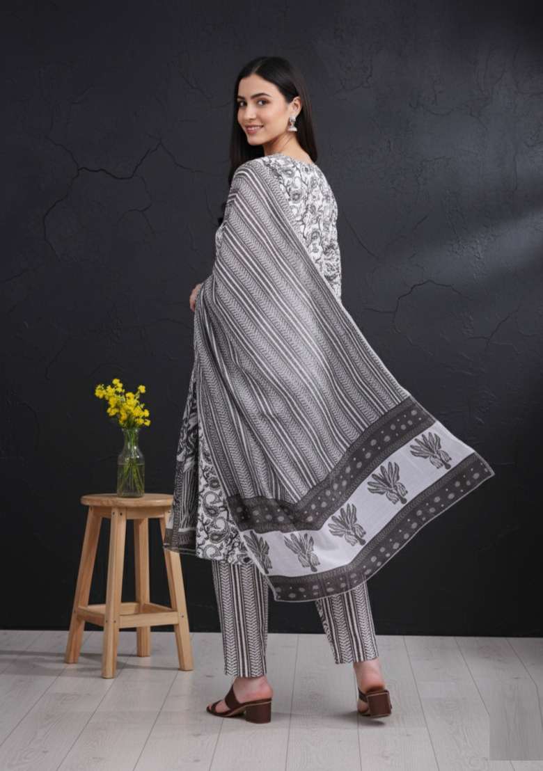 Grey Printed Cotton Kurta Set - Indya