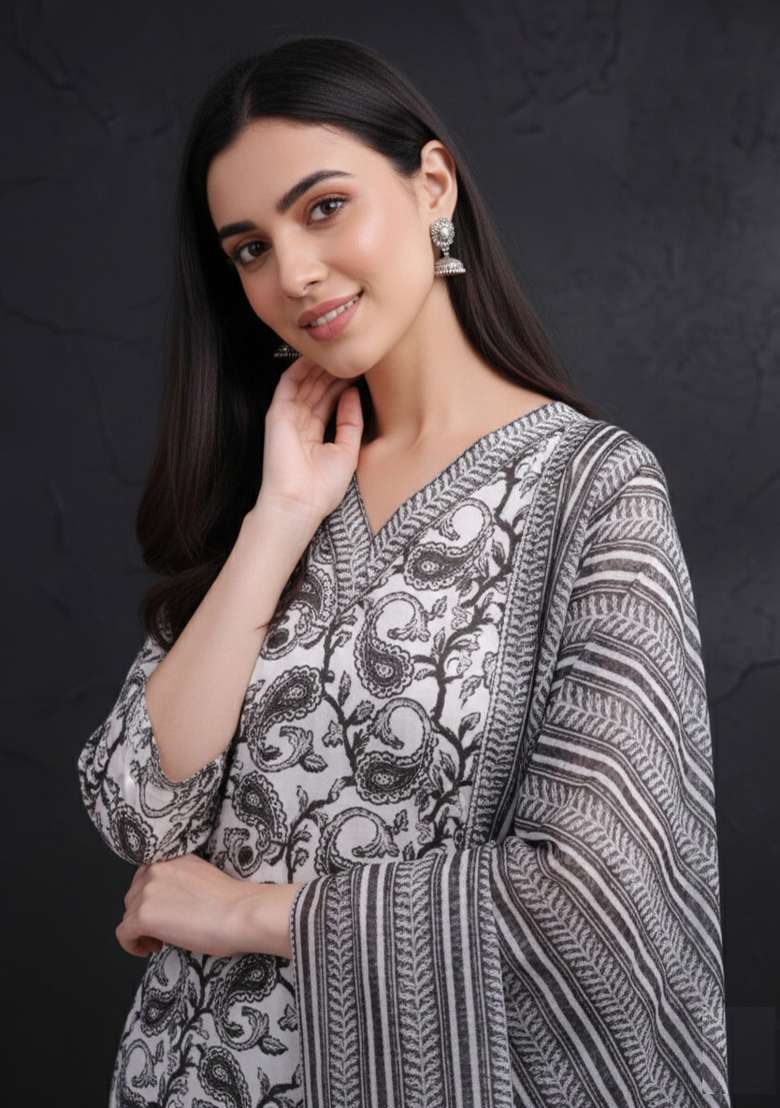 Grey Printed Cotton Kurta Set - Indya