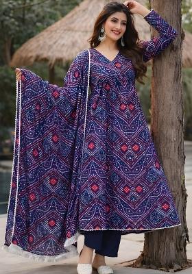 Navy Blue Printed Silk Kurta Set