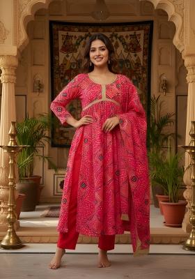 Red Printed Silk Kurta Set