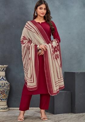 Red Solid Silk Kurta Set