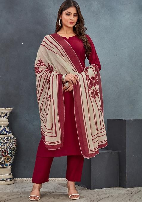 Red Solid Silk Kurta Set