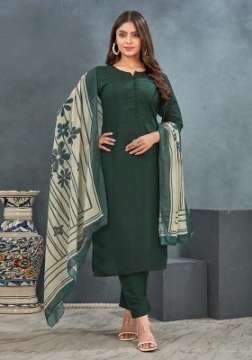 Green Solid Silk Kurta Set