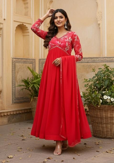Pink Printed Georgette Kurta Set