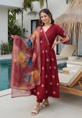 Maroon Embroidered Silk Kurta Set