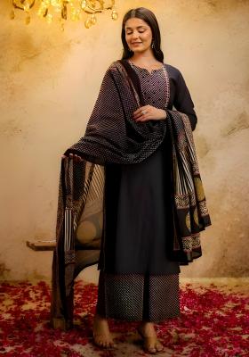 Black Embroidered Cotton Kurta Set