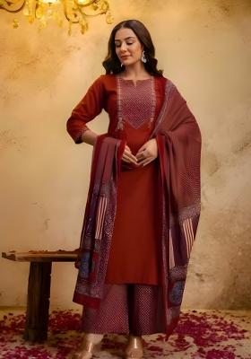 Maroon Embroidered Cotton Kurta Set