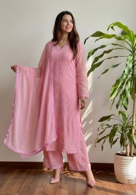 Pastel Pink Embroidered Georgette Kurta Set
