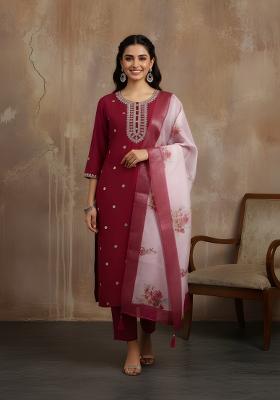 Maroon Embroidered Silk Kurta Set