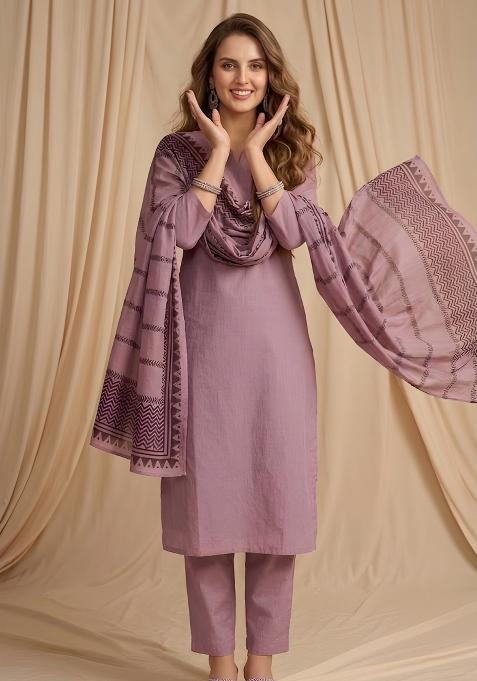 Pink Printed Cotton Kurta Set