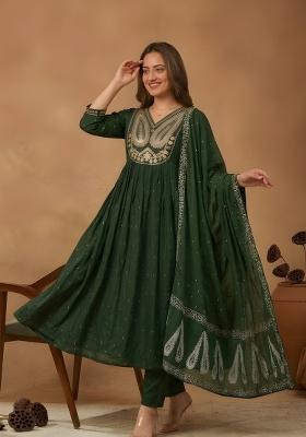 Green Embroidered Cotton Kurta Set