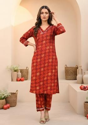 Red Printed Silk Kurta Set