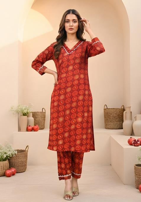 Red Printed Silk Kurta Set