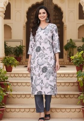 Grey Printed Cotton Kurta Set