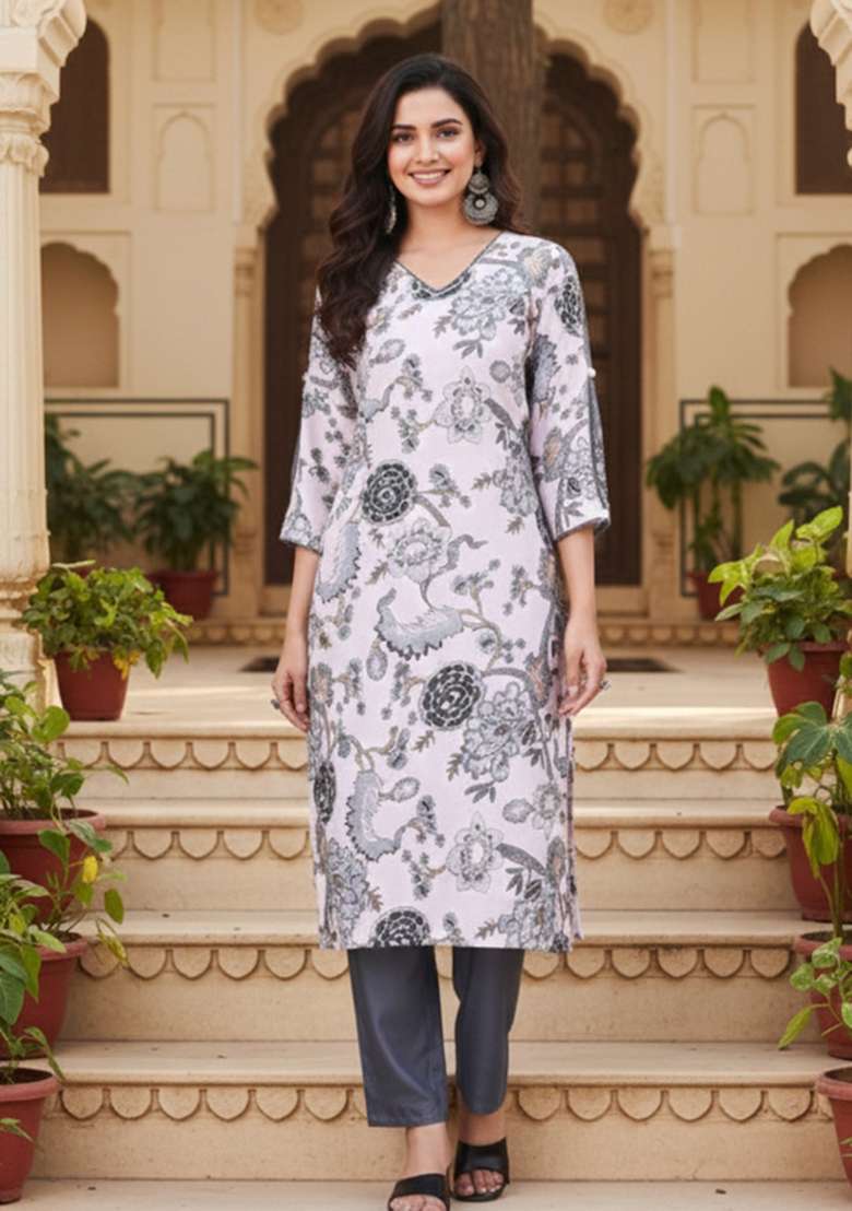 Grey Printed Cotton Kurta Set - Indya