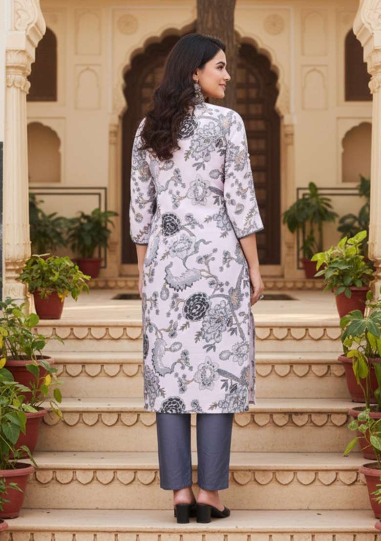 Grey Printed Cotton Kurta Set - Indya