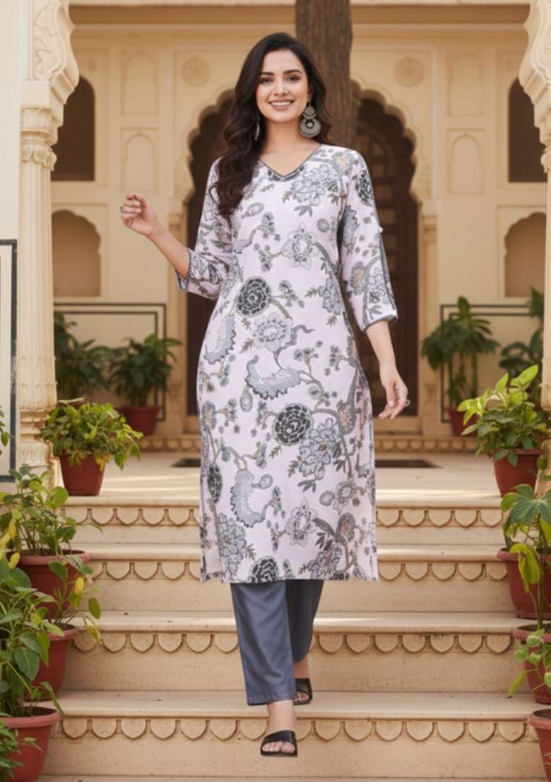 Grey Printed Cotton Kurta Set - Indya