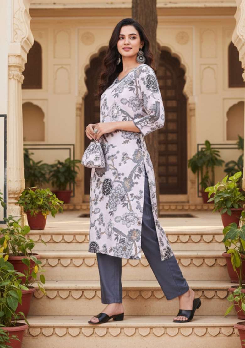 Grey Printed Cotton Kurta Set - Indya