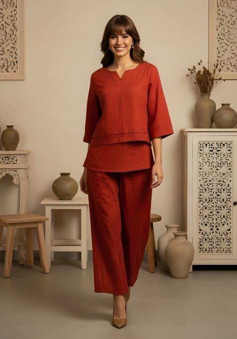 Rust Orange Solid Cotton Kurta Set