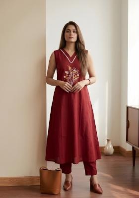 Red Embroidered Cotton Kurta Set