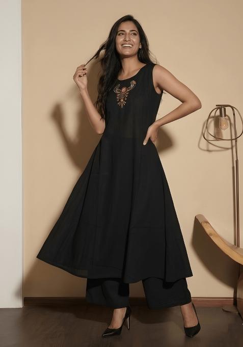 Black Embroidered Cotton Kurta Set