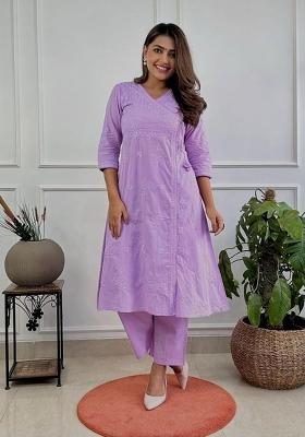 Lavender Embroidered Cotton Kurta Set
