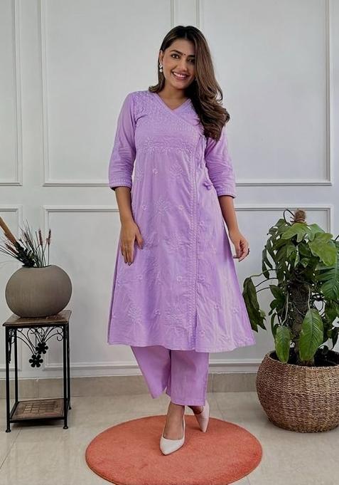 Lavender Embroidered Cotton Kurta Set