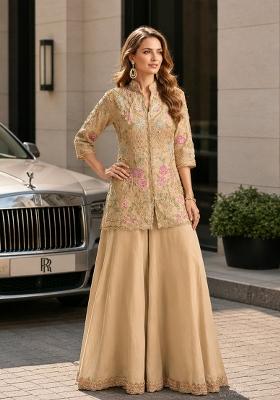 Cream Embroidered Silk Kurta Set