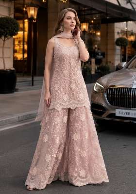 Peach Embroidered Net Kurta Set