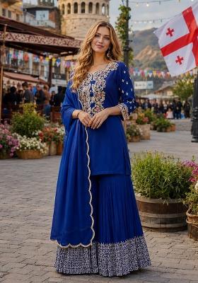 Navy Blue Embroidered Silk Kurta Set